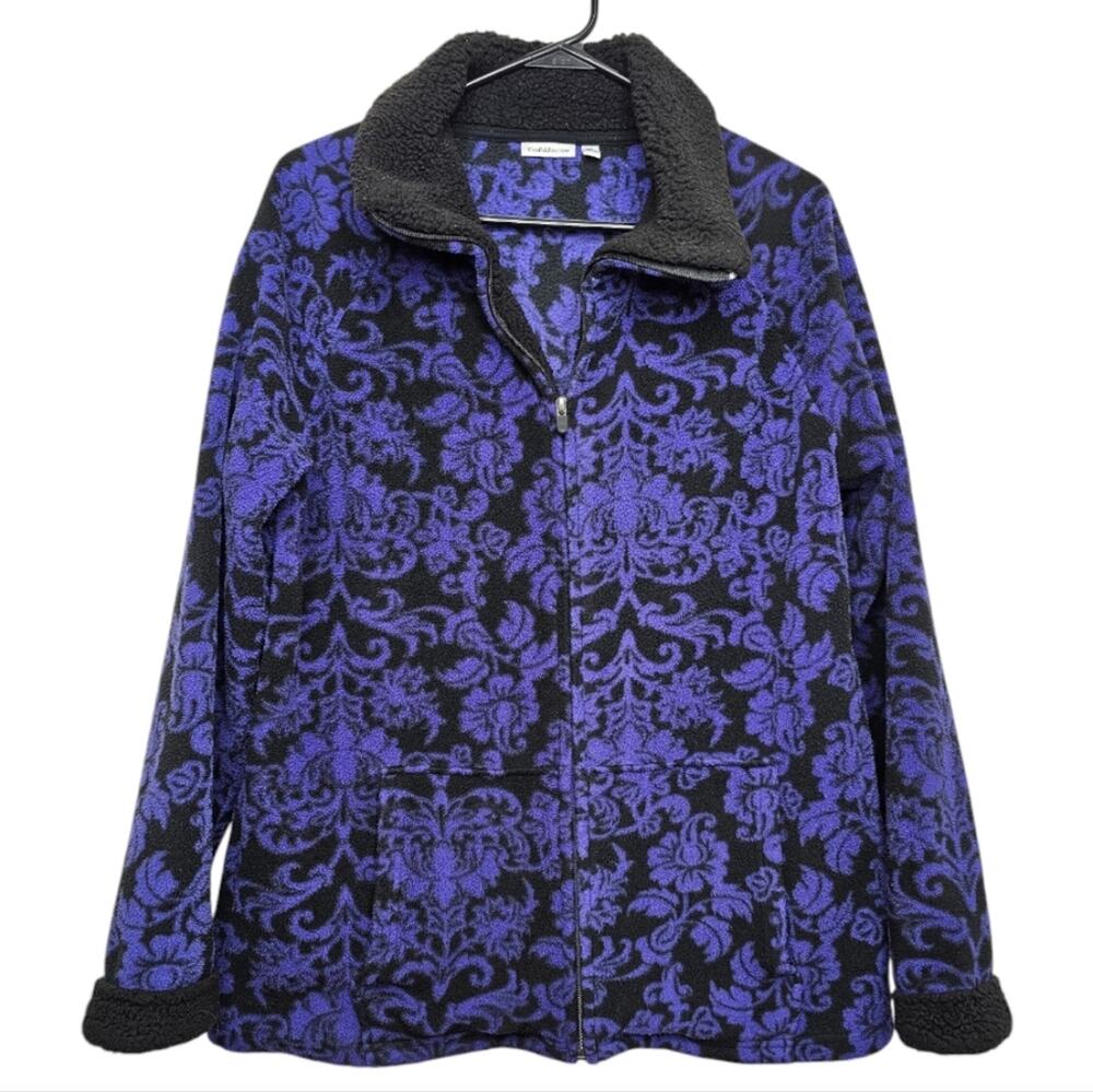 Croft and Barrow Black and Purple Floral Zip-Up Fleece Pocketed Jacket XL
